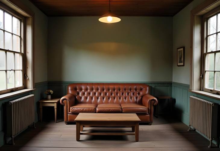 Elegant Vintage Living Space with Leather Sofa, Wood Table, and Soft Lighting